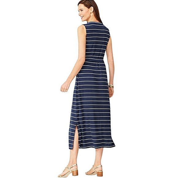 Talbots Navy Blue White Striped Sleeveless Maxi Dress V-neck Button Down Sz XLp - Picture 9 of 14